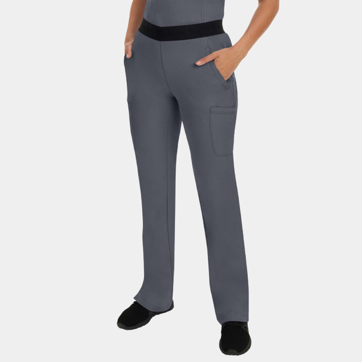 Front view of Healing Hands Rachel women's cargo scrub pants in Pewter color showing drawstring waist and pockets
