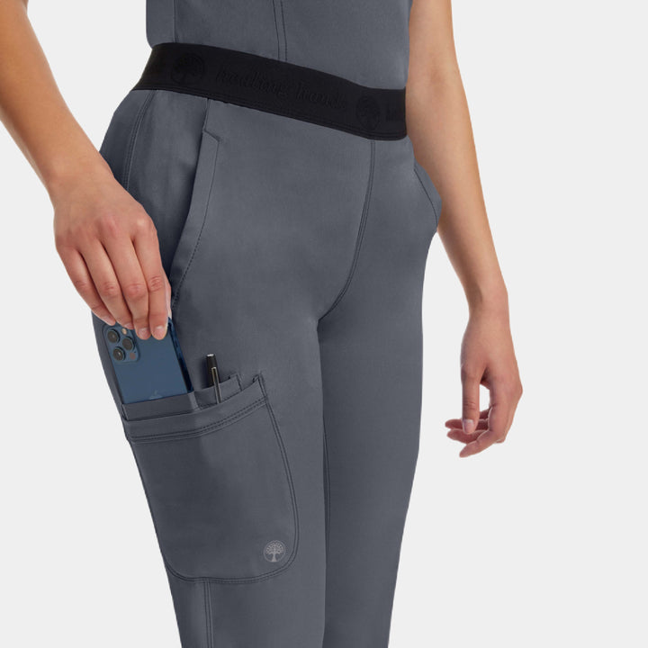 Zoomed side view of Healing Hands Rachel women's cargo scrub pants in Pewter color showing cargo pocket detail