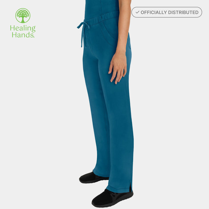 Side view of Healing Hands Rebecca women's cargo scrub pants in Caribbean color showing fit and style