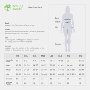 Size chart for Healing Hands women's apparel showing measurements for waist, hips, inseam, and chest to help customers choose the correct size